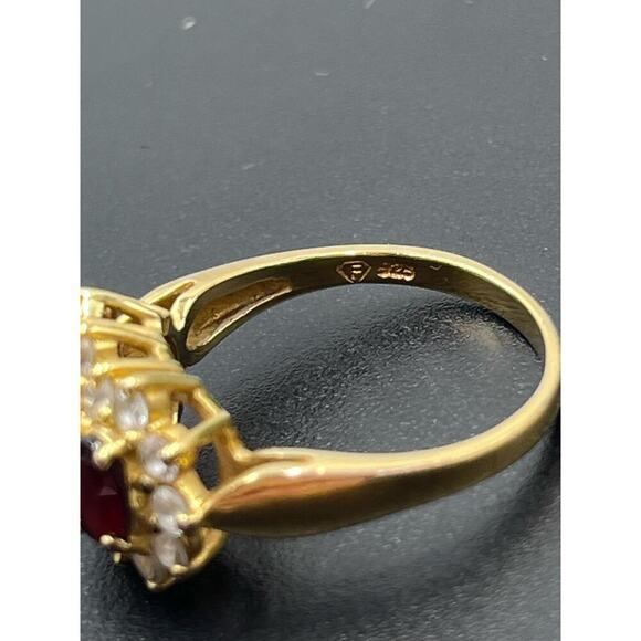 Vintage Vermeil Sterling Triple Oval Garnet Trilogy Engagement Ring Cz Diamond - Picture 6 of 11